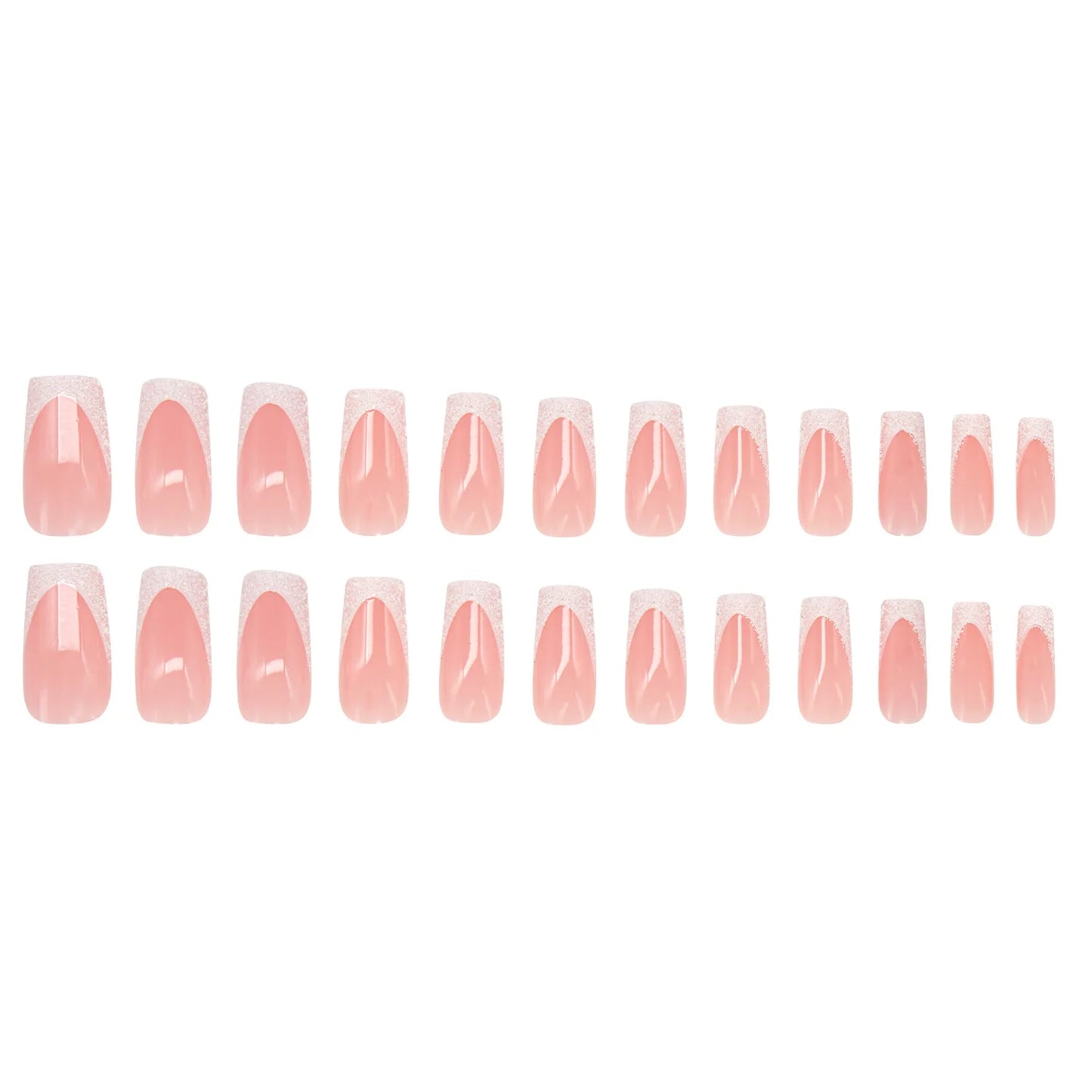 24Pcs Shimmery Long Coffin False Nails with Glue Ballerina Nail Design Sweet Fashion French Press on Acrylic Nails Manicure Tips