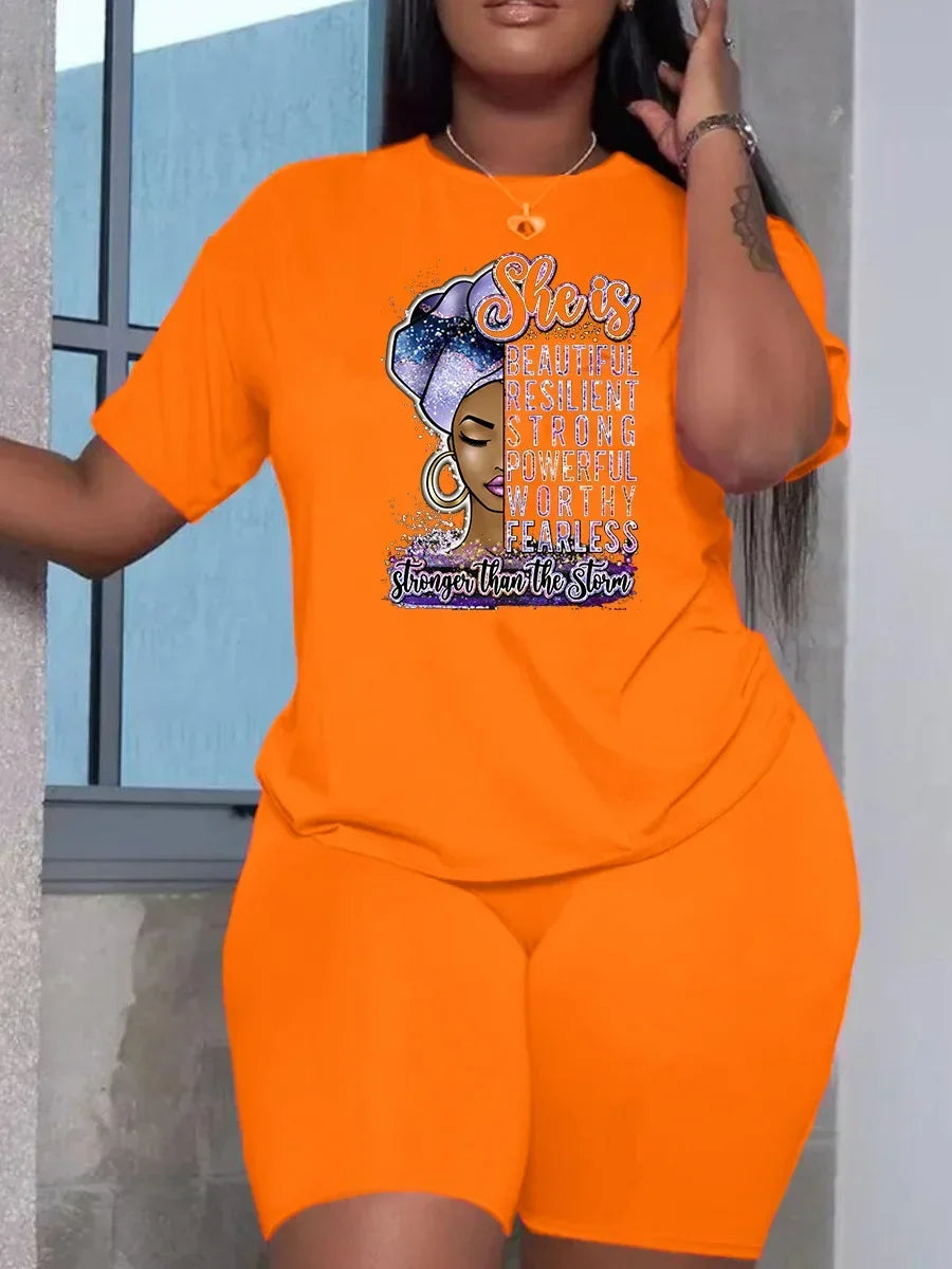 Summer Women Printing Casual T-Shirt Y2k Graphics Top Shorts Set Femme Short Sleeve Two Pieces Set Lady Daily Streetwear Outfits