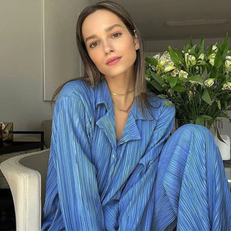 New Spring And Autumn Suit Women's Pleated Lapel Shirt Loose Casual Suit Solid Color Drape Pleated Casual Suit