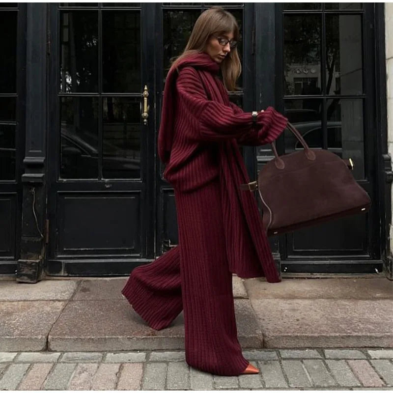 Oversize Knitted Women's Set V-Neck Full Sleeve Scarf Pullover Long Trousers Casual Loose Lady Suit for Autumn