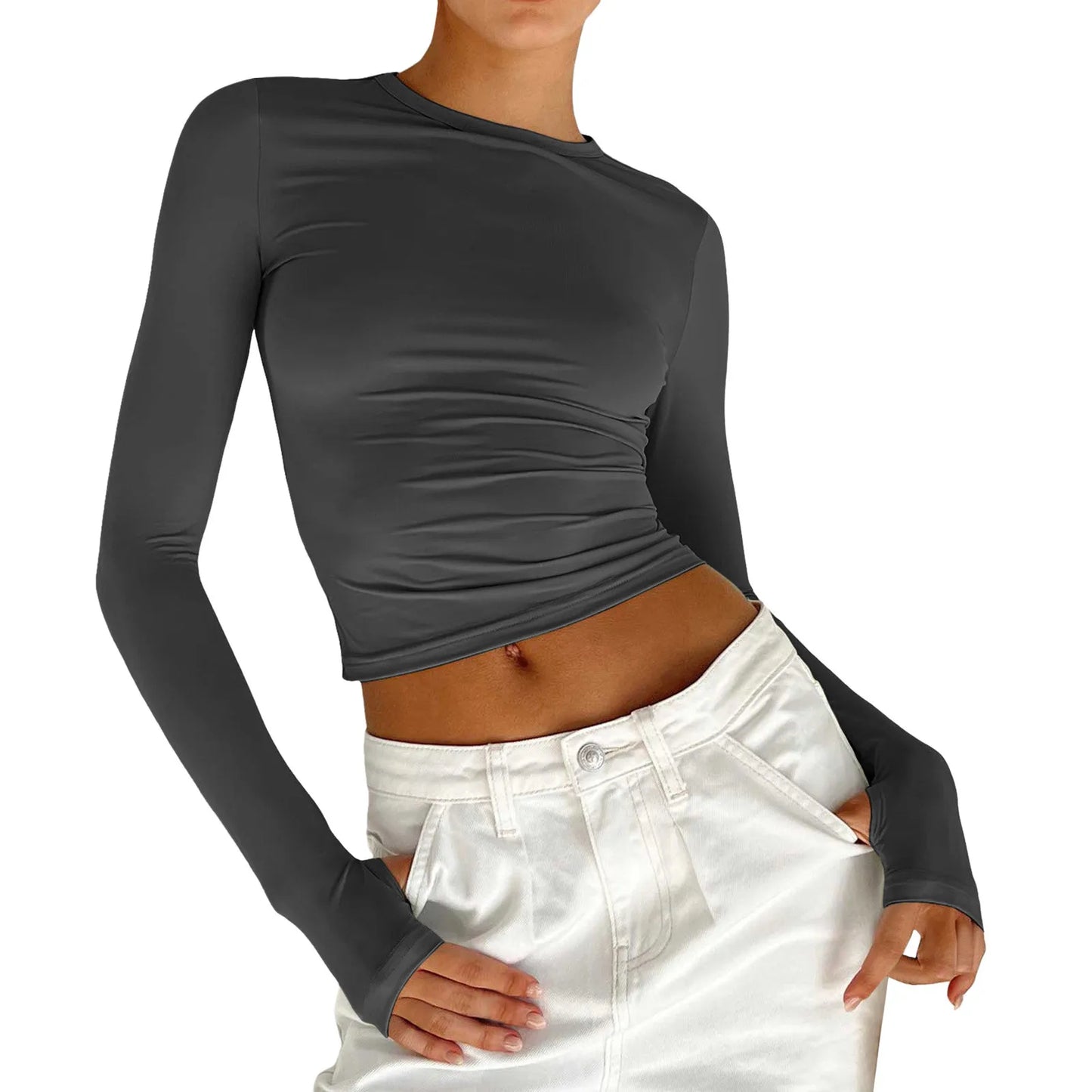 Women's Spring Fall Casual Slim Fit Basic Crop Tops Solid Long Sleeve Crew Neck Pullover Tight Tee Shirts Show Navel T-Shirt Y2K