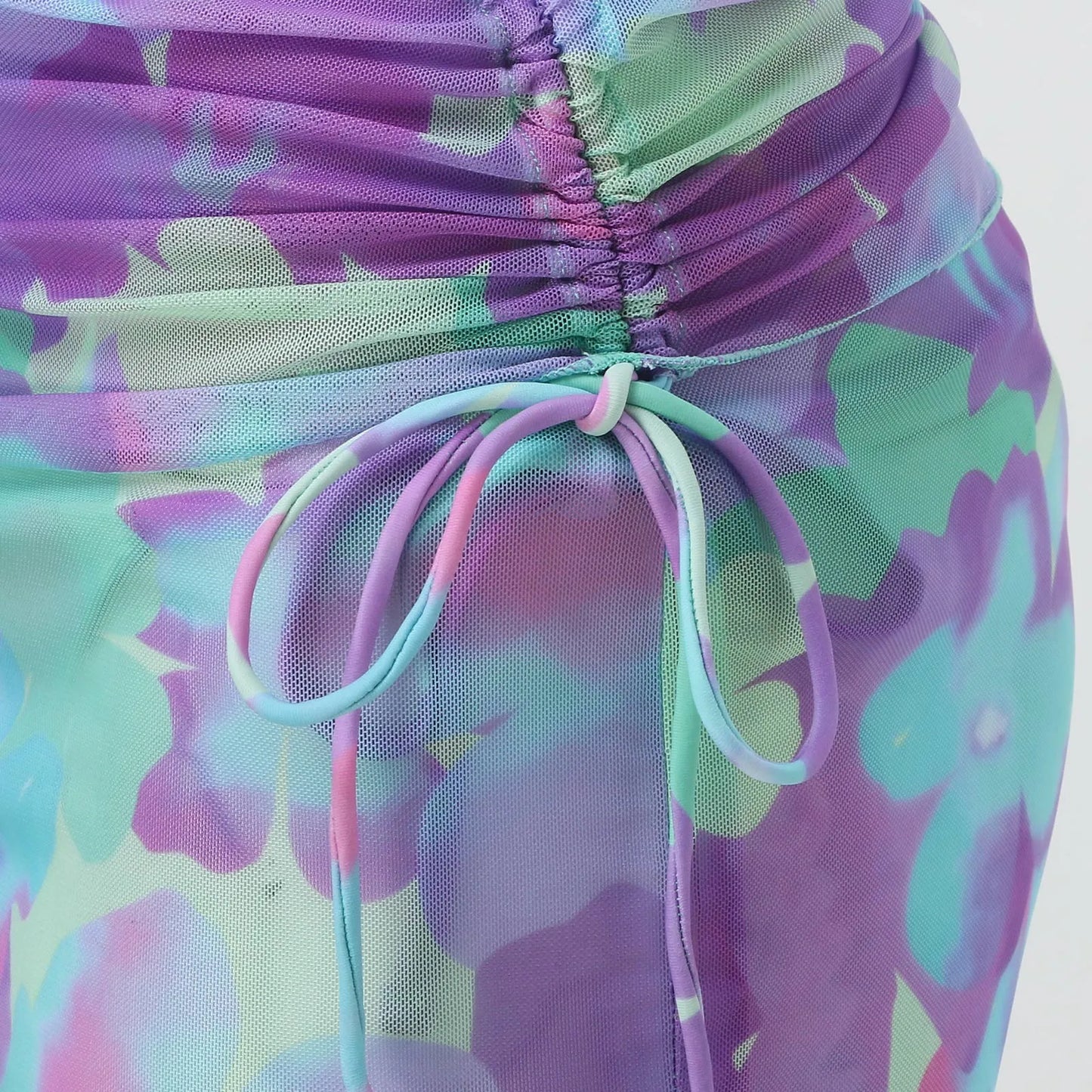 Women's Purple Split Swimsuit Neck Tie up Bikini Set with Skirt And Shorts Bottoms Junior Size Polyester Beachwear