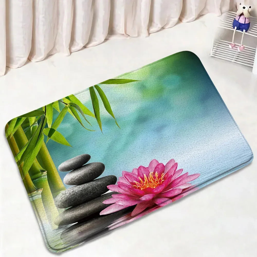 Zen Bath Mat Set Pink Lotus Orchid Grey Stone Green Bamboo Home Carpet White Bathroom Decor Flannel Floor Rugs Toilet Lid Cover