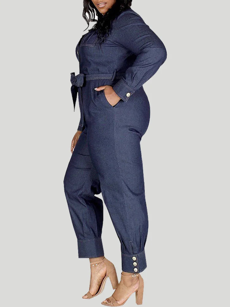 Denim Style Denim Jumpsuit with Belt Women Fashion Plus Size Loose Jeans Casual Overalls Romper Outfit
