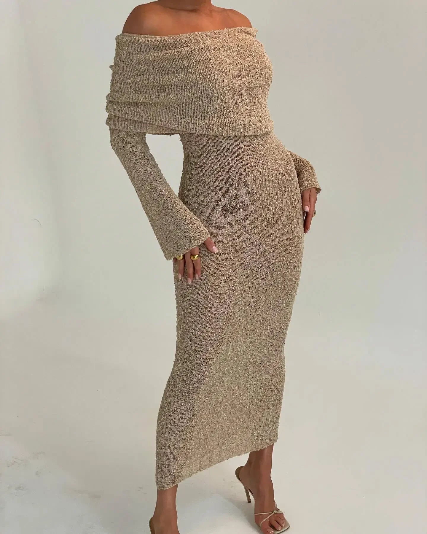 Knit Hollow Out Off-Shoulder Maxi Dress Female Cover up Loose Long Sleeve Holiday Beach Party Dress Women Knitwear Dress