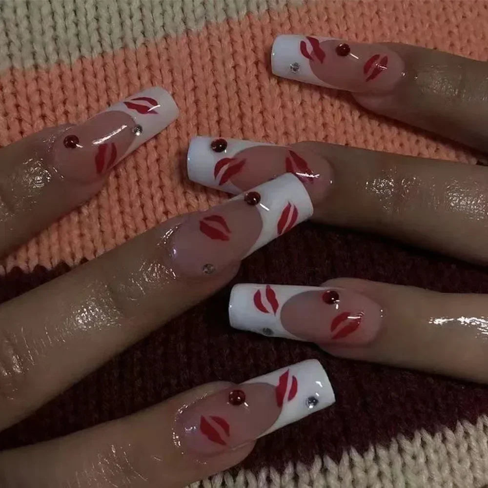24Pcs Shimmery Long Coffin False Nails with Glue Ballerina Nail Design Sweet Fashion French Press on Acrylic Nails Manicure Tips