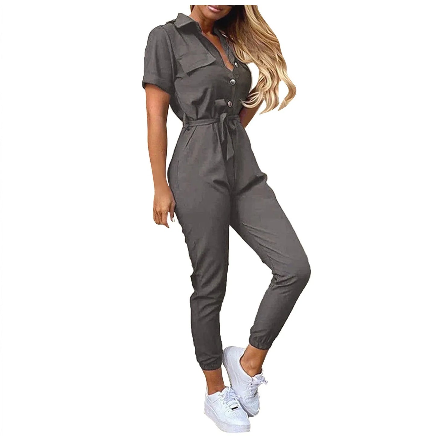 Women's Casual Lapel Lace-Up Printed Belt Short Sleeve Jumpsuit Summer Fashion Workwear Keep Short Eye Catching Junior Size