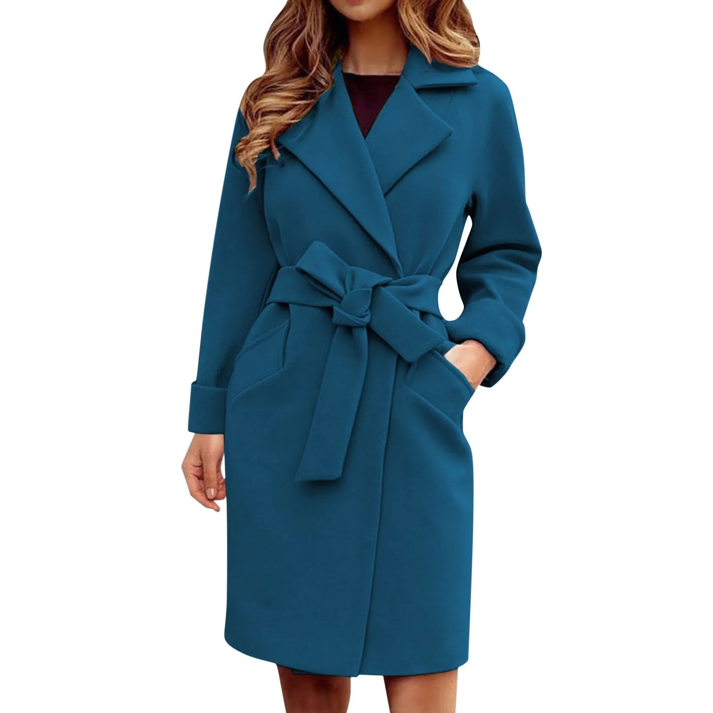 Women Hot Pink Trench Coat Casual Mid Long Overcoat Lapel Open Front Cardigan Outwear Woolen Boot Winter Jackets for Women