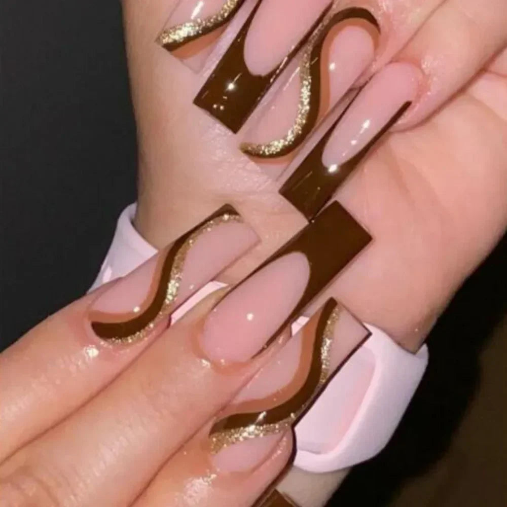 24Pcs Shimmery Long Coffin False Nails with Glue Ballerina Nail Design Sweet Fashion French Press on Acrylic Nails Manicure Tips