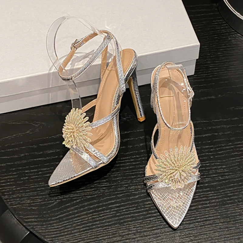 Sexy Snake Print Leather Ankle Strap Sandals for Women Summer Fashion Crystal Flower Pointed Toe High Heels Perfect for Parties