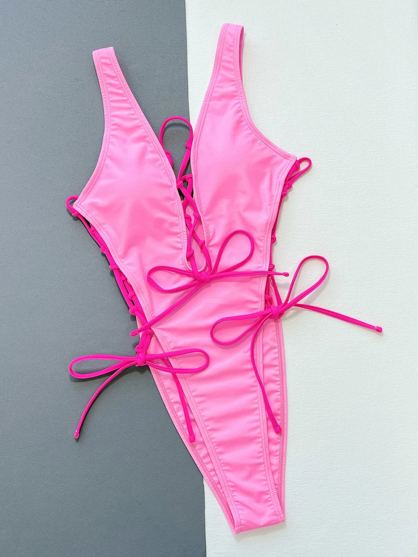 VigoBeviya 2024 Pink Lace Up Strapped Swimwear Women Sexy Hollow Push UP One Piece Swimsuit Blackless Beach Bathing Suit