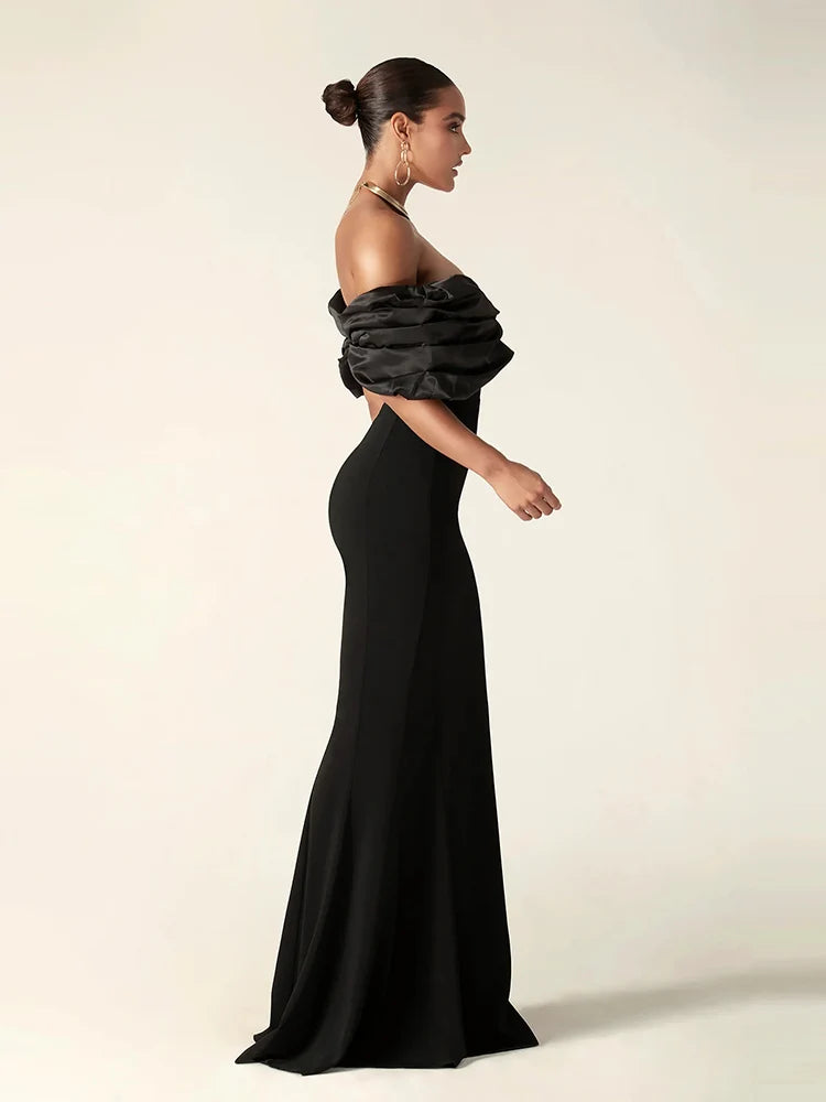 Satin Ruffle Shoulder High Slit Long Dress, Off the Shoulder, Maxi Dress Elegant Evening Gown