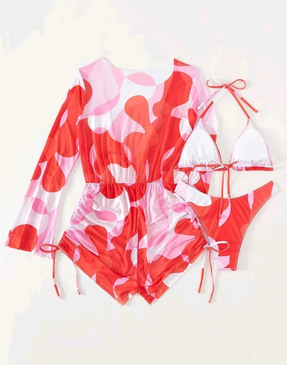 3 pieces Halter Bikini Tropical Print Swimsuit Drawstring Side Swimwear Women Long Sleeve Bathing Suit Female Swimming Beachwear