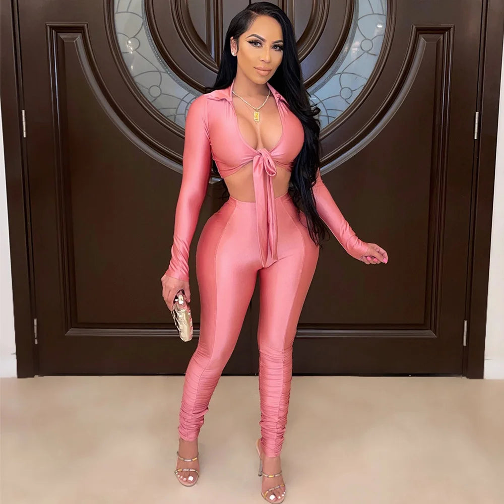 Women's Fashion Casual Slim Fit Two-Piece Set Open Shirt Butterfly Knot Long Sleeve Top with Long Pants Eye-Catching Streetwear