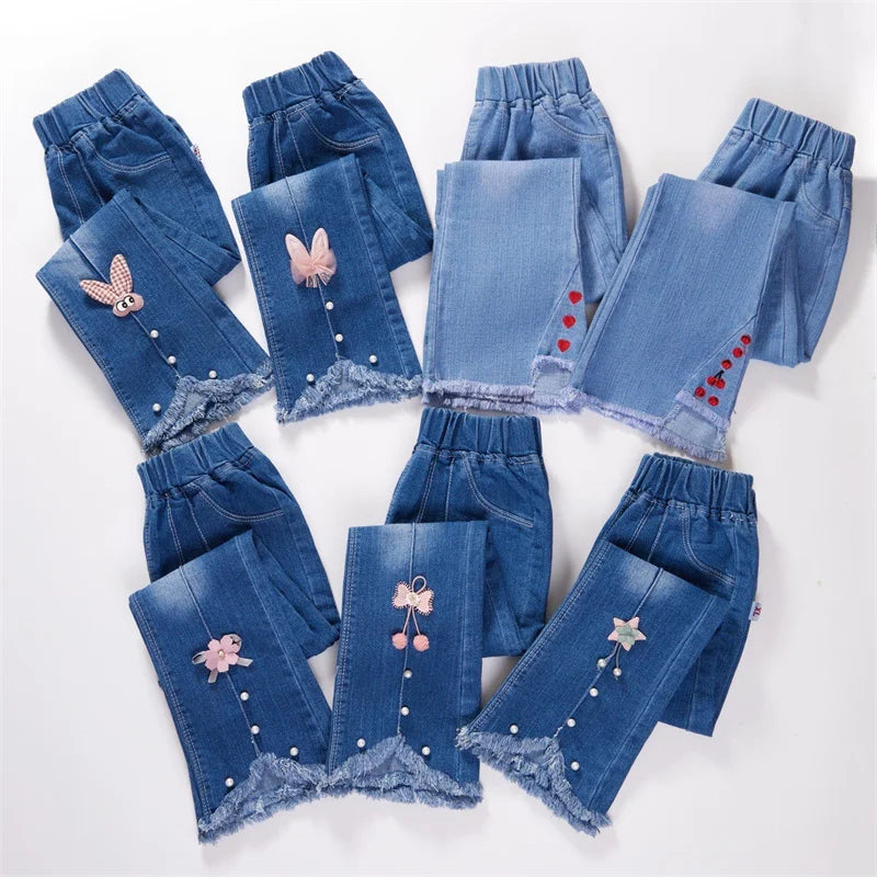 Autumn Girls Jeans Fashionable Bow-Design Denim Flared Pants Elastic Waist Solid Color Trousers for Teenage Kids