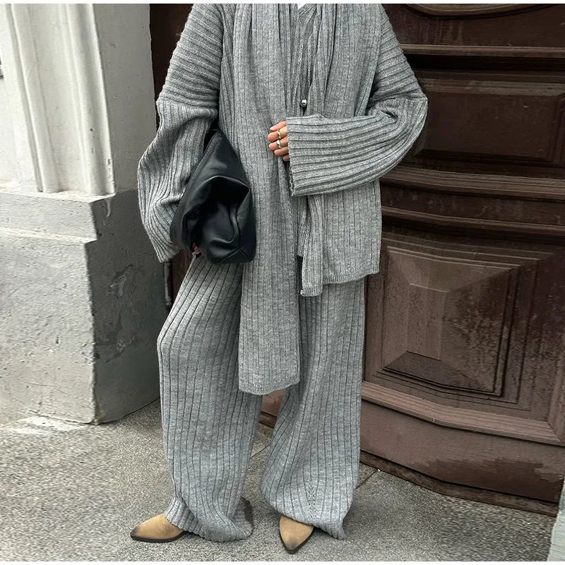 Oversize Knitted Women's Set V-Neck Full Sleeve Scarf Pullover Long Trousers Casual Loose Lady Suit for Autumn