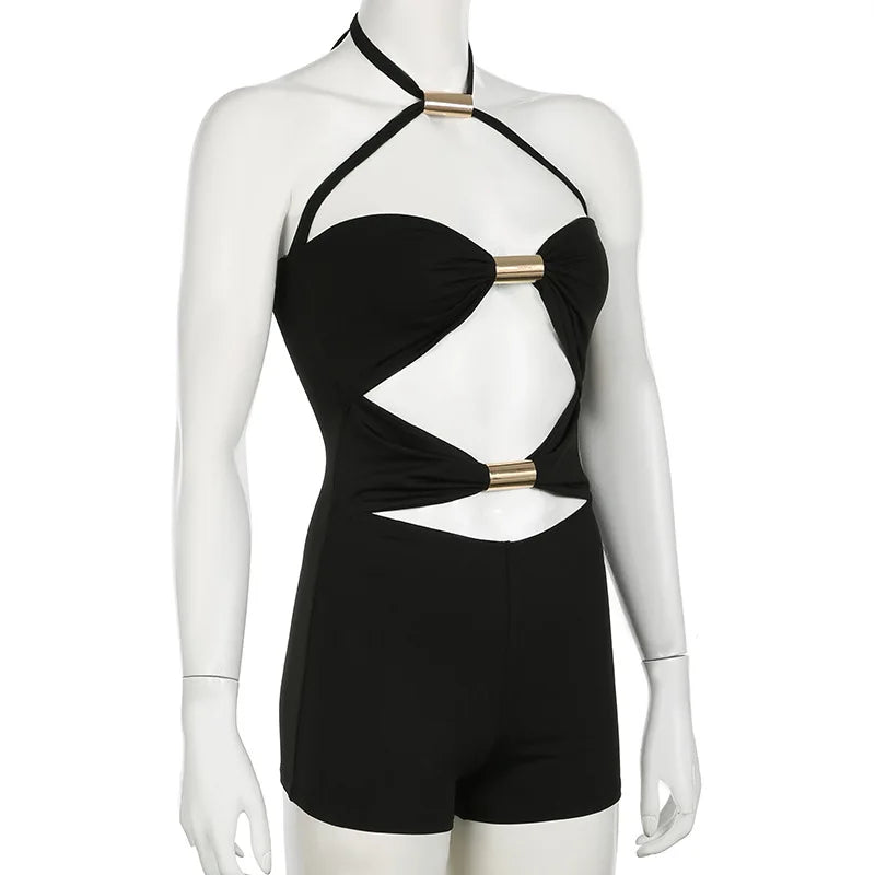 Sexy Slim Fit Maxi Dress with Metal Buckles Hollow Out Split Bodycon Style for Women O-neck Sleeveless Backless Party Clubwear