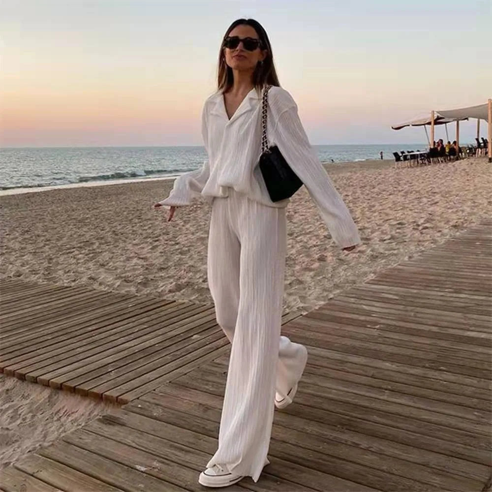 New Spring And Autumn Suit Women's Pleated Lapel Shirt Loose Casual Suit Solid Color Drape Pleated Casual Suit