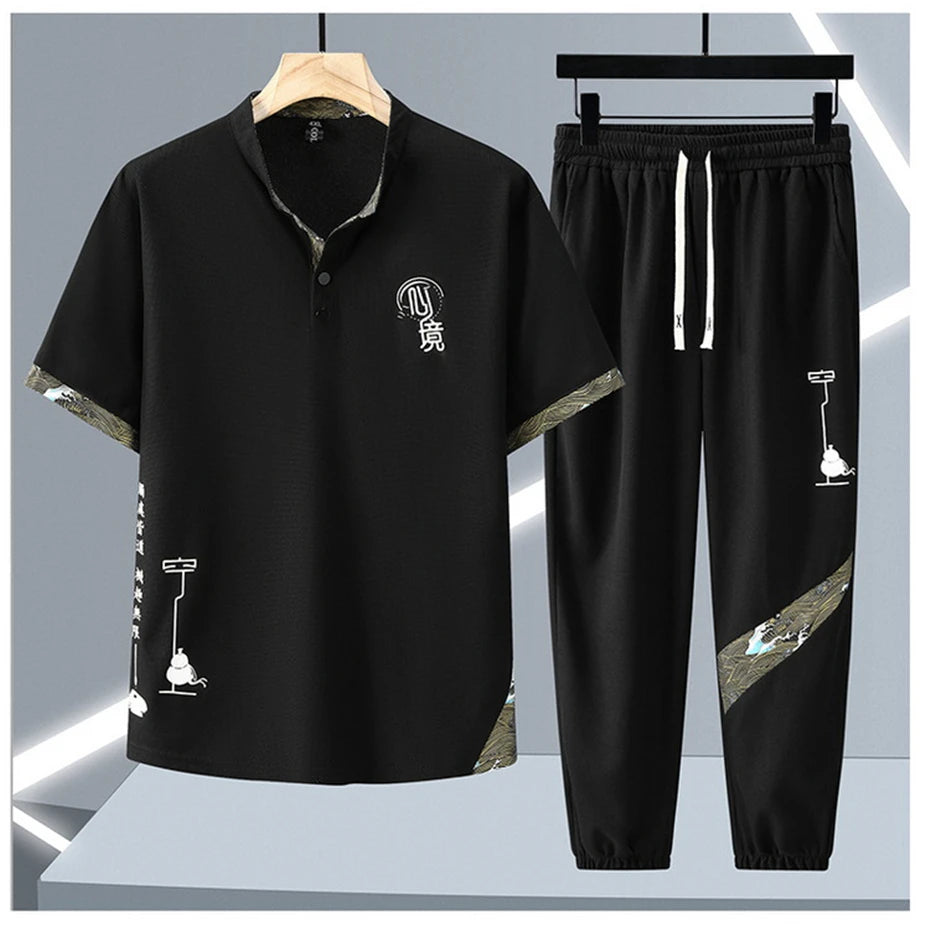 Tracksuits Plus Size 12XL Men's Sets Fashion Casual Chinese Traditional Style T-shirts Pants Suits Male Sets Big Size