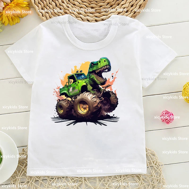 Cute Monster Truck T-Shirt for Kids Harajuku Style Dinosaur Print Suitable for Girls Boys Funny Children's Clothing