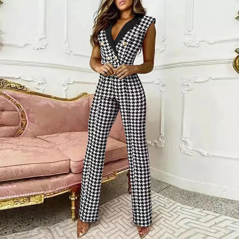 New Elegant Women's Plaid Jumpsuit Chic Office Ladies 2024 Summer Sleeveless V Neck High Waist Button Work Jumpsuit