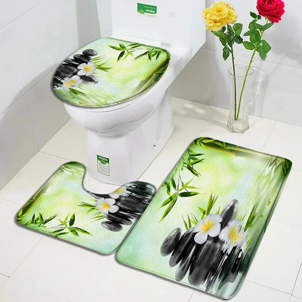 Zen Bath Mat Set Pink Lotus Orchid Grey Stone Green Bamboo Home Carpet White Bathroom Decor Flannel Floor Rugs Toilet Lid Cover