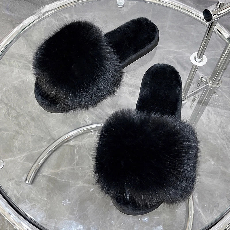 Women's Home Slippers Winter Pink Fur Kawaii Flats Furry Elegant Comfortable Soft Shoes for Woman and Low Price