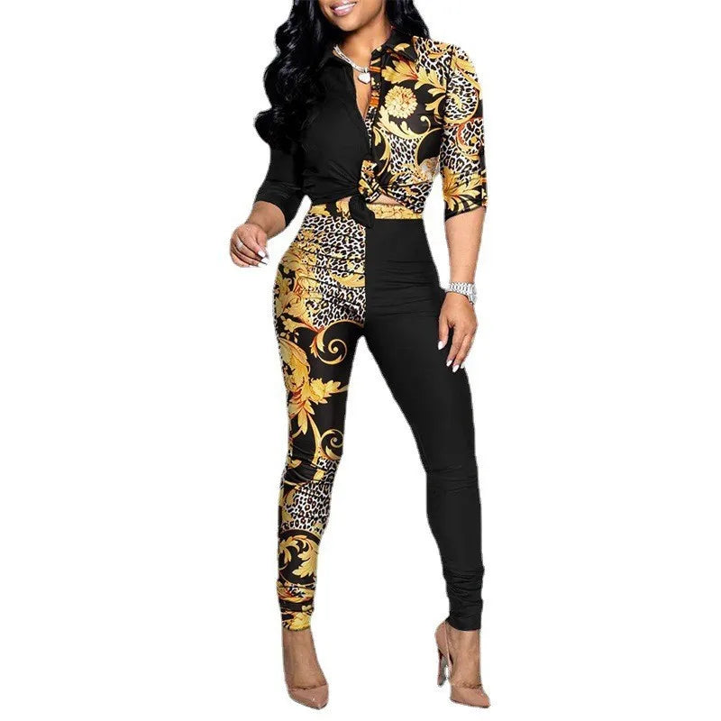 Women Fashion Print Suit Long Sleeve Turn-down Collar Shirt Mid Waist Pants New Casual Office Two Piece Set Women's Clothes