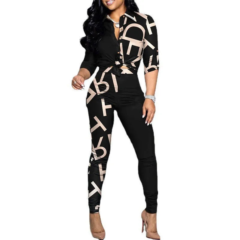 Women Fashion Print Suit Long Sleeve Turn-down Collar Shirt Mid Waist Pants New Casual Office Two Piece Set Women's Clothes