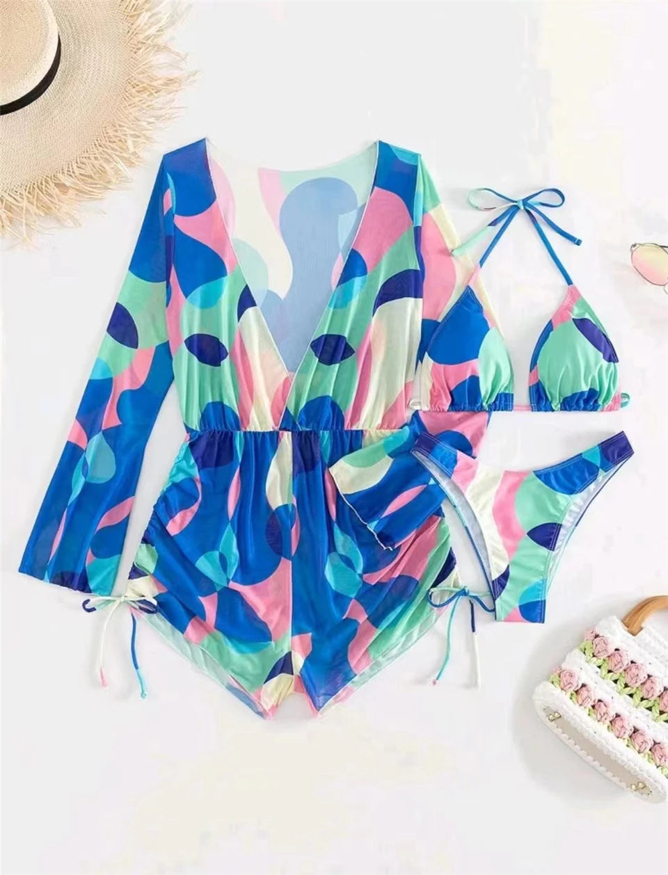 3 pieces Halter Bikini Tropical Print Swimsuit Drawstring Side Swimwear Women Long Sleeve Bathing Suit Female Swimming Beachwear