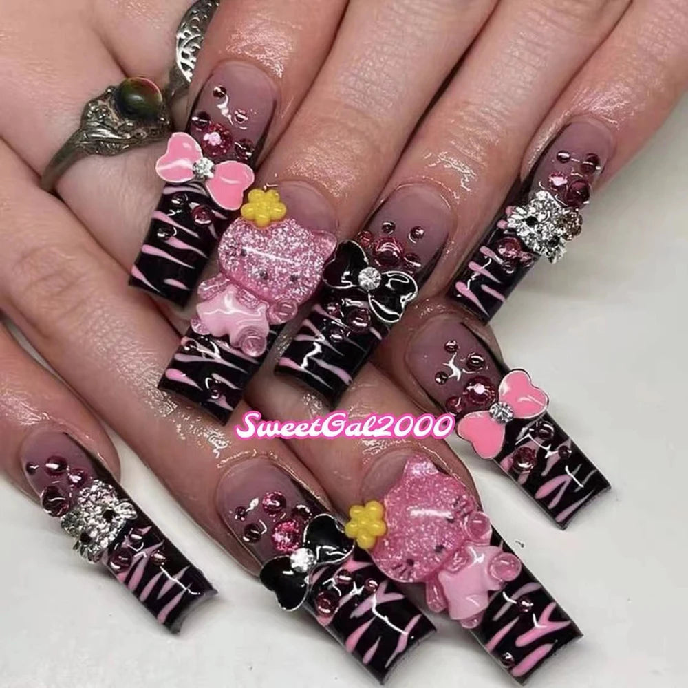 Xxl Euro-Americaen Long Square Cartoon Fake Nails Hello Kitty Mymelody Kuromi Luxury Diamond Handmade Nail Tips Party Sticker