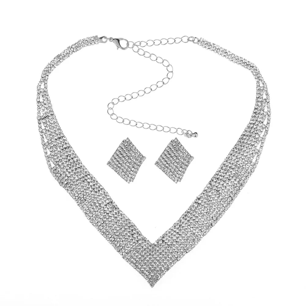 Luxury Crystal Bridal Wedding Jewelry Sets African Beads Silver Color Rhinestone Women Girls Necklace Sets Engagement Party Gift