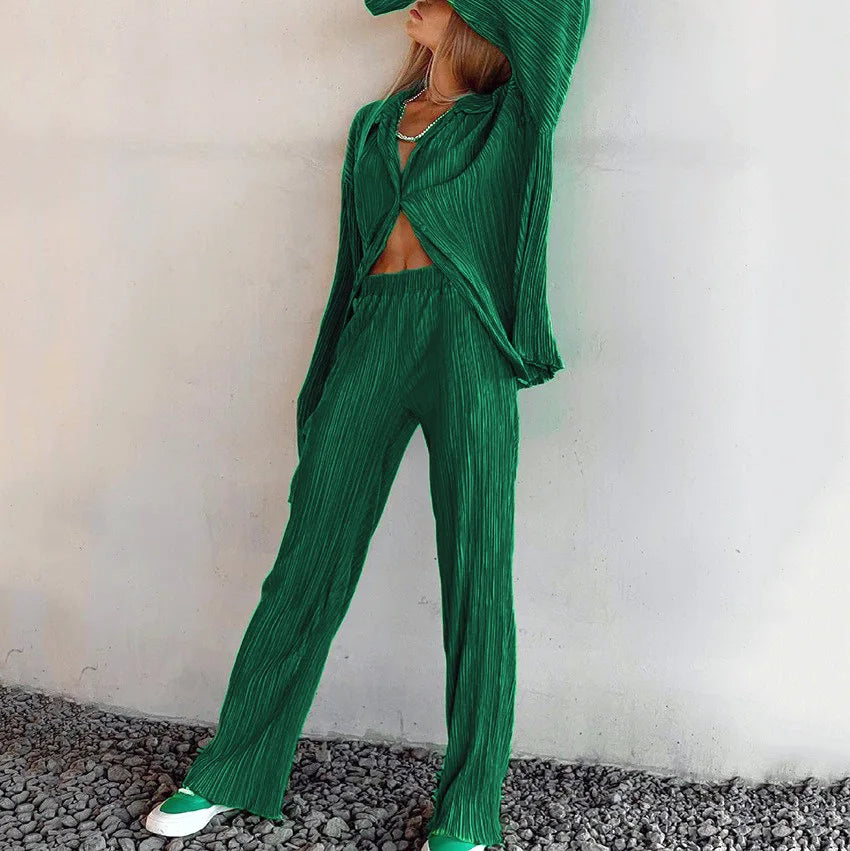 New Spring And Autumn Suit Women's Pleated Lapel Shirt Loose Casual Suit Solid Color Drape Pleated Casual Suit