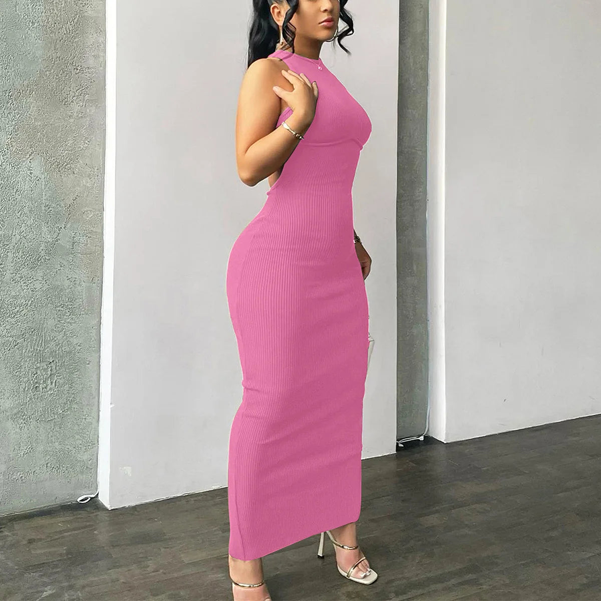 Hugcitar Ribbed Solid Hollow Out Backless Sleeveless Sexy Slit Dress Bodycon 2025 Summer Women Outfits Elegant Party Y2K