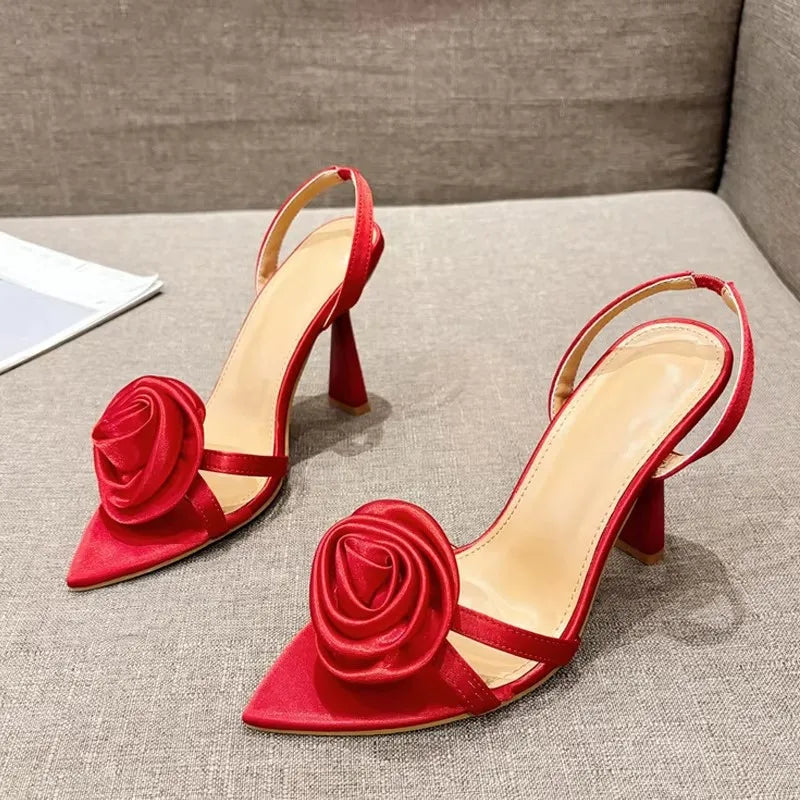 Liyke Green Silk Rose Flower Women's Slippers Open Toe High Heel Sandals Sexy Summer Party Dress Shoes for Adult Women