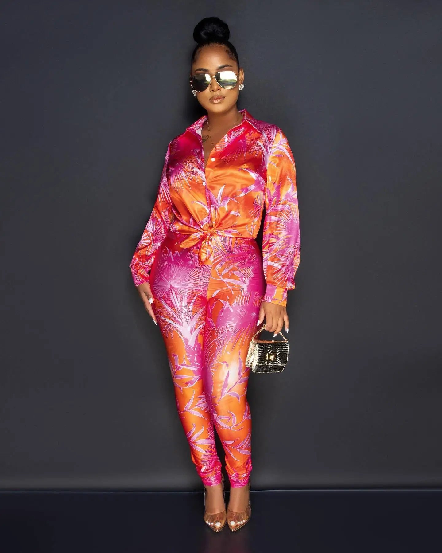 CM.YAYA Autumn Letter Leaf Print Women's Set Blouses Shirt Legging Pants Suit Active Wear Tracksuit Two Piece Set Fitness Outfit