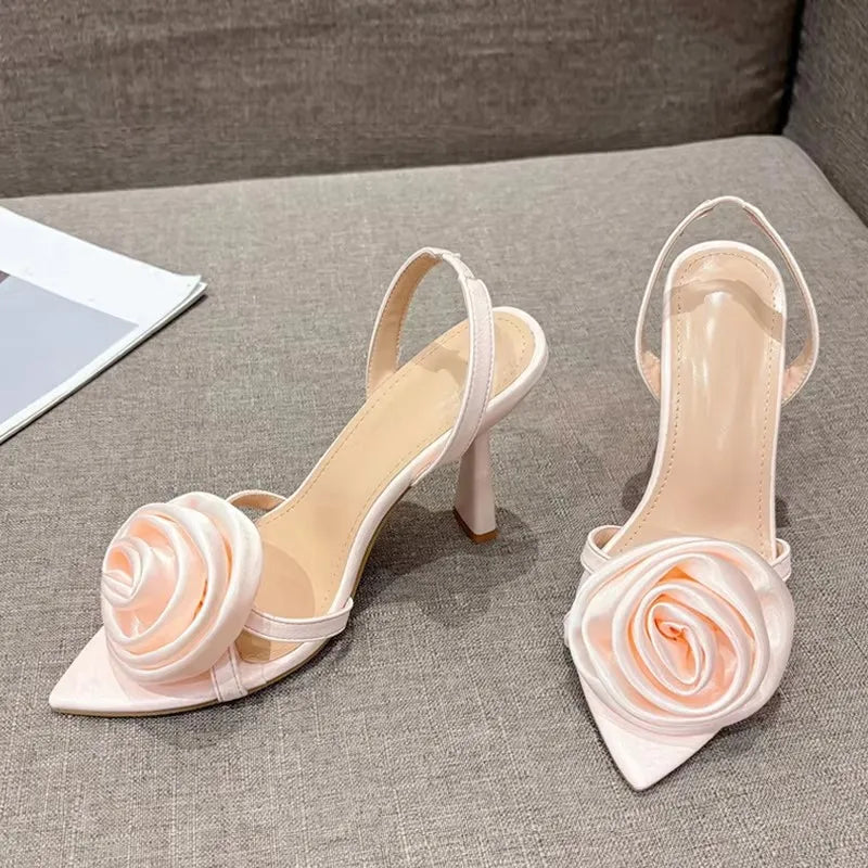 Liyke Green Silk Rose Flower Women's Slippers Open Toe High Heel Sandals Sexy Summer Party Dress Shoes for Adult Women