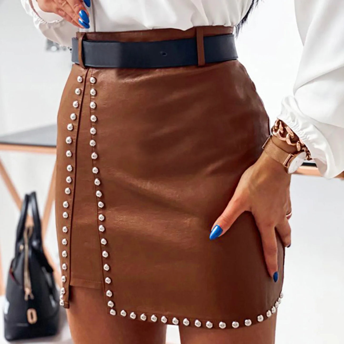 Sexy Girl Black PU Leather Mini Skirts Women High Waist Bodycon Front Split Studded Elegant Short Skirt Spring Autumn Streetwear