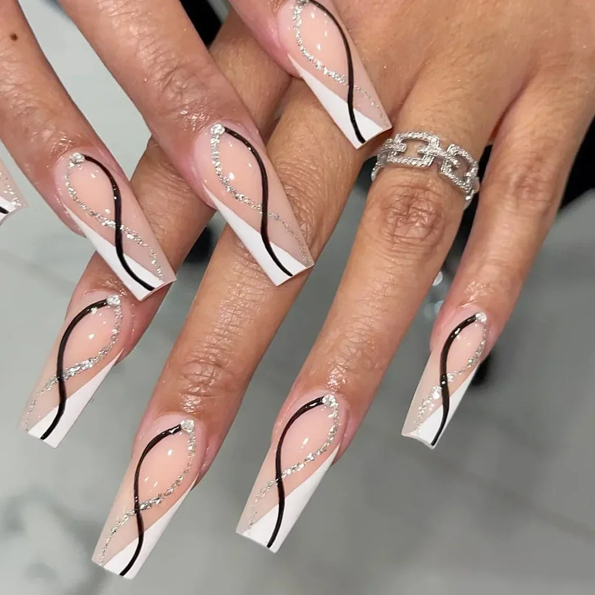 24Pcs Shimmery Long Coffin False Nails with Glue Ballerina Nail Design Sweet Fashion French Press on Acrylic Nails Manicure Tips