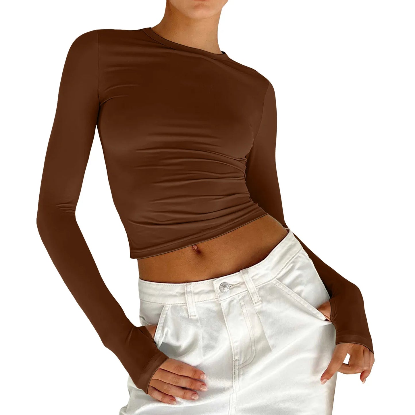 Women's Spring Fall Casual Slim Fit Basic Crop Tops Solid Long Sleeve Crew Neck Pullover Tight Tee Shirts Show Navel T-Shirt Y2K