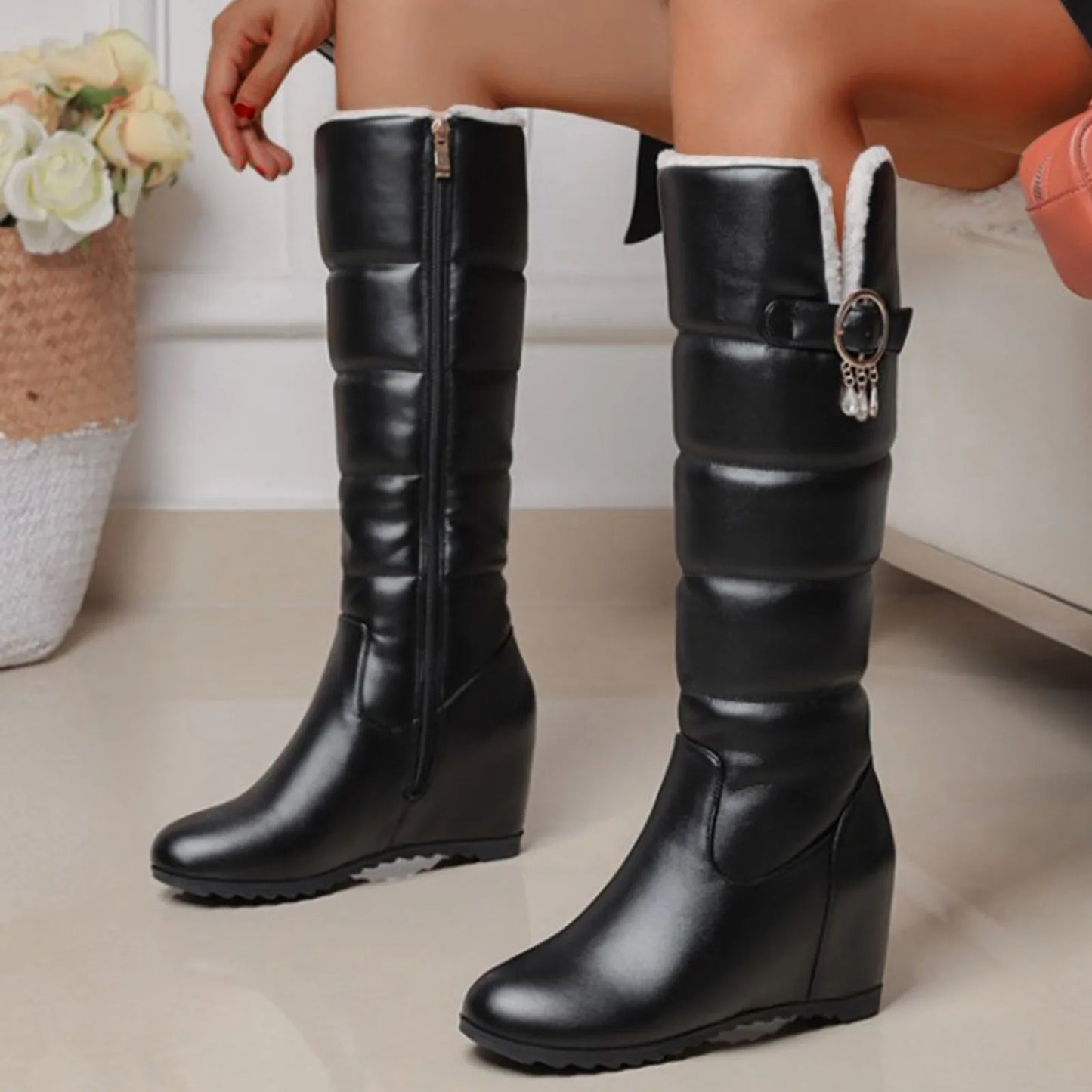Boots Woman Booties 2025 Ladies Solid Leather Belt Buckle Cotton Boots H Wedge Heel Thick Soled Long Boot Shoes Women Big Boots