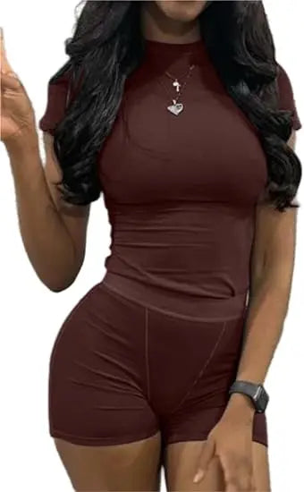 Casual Workout Two Piece Outfits for Women Fitted Crew Neck T-shirt High Waist pants Matching Sets Streetwear