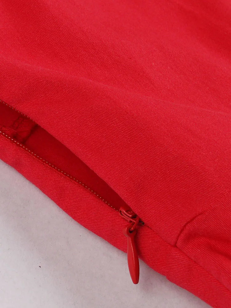 Tonval Red Pleated Plain Solid Vintage Dress Women Wrap V-Neck Belted Elegant Party Retro Cotton Summer Dresses