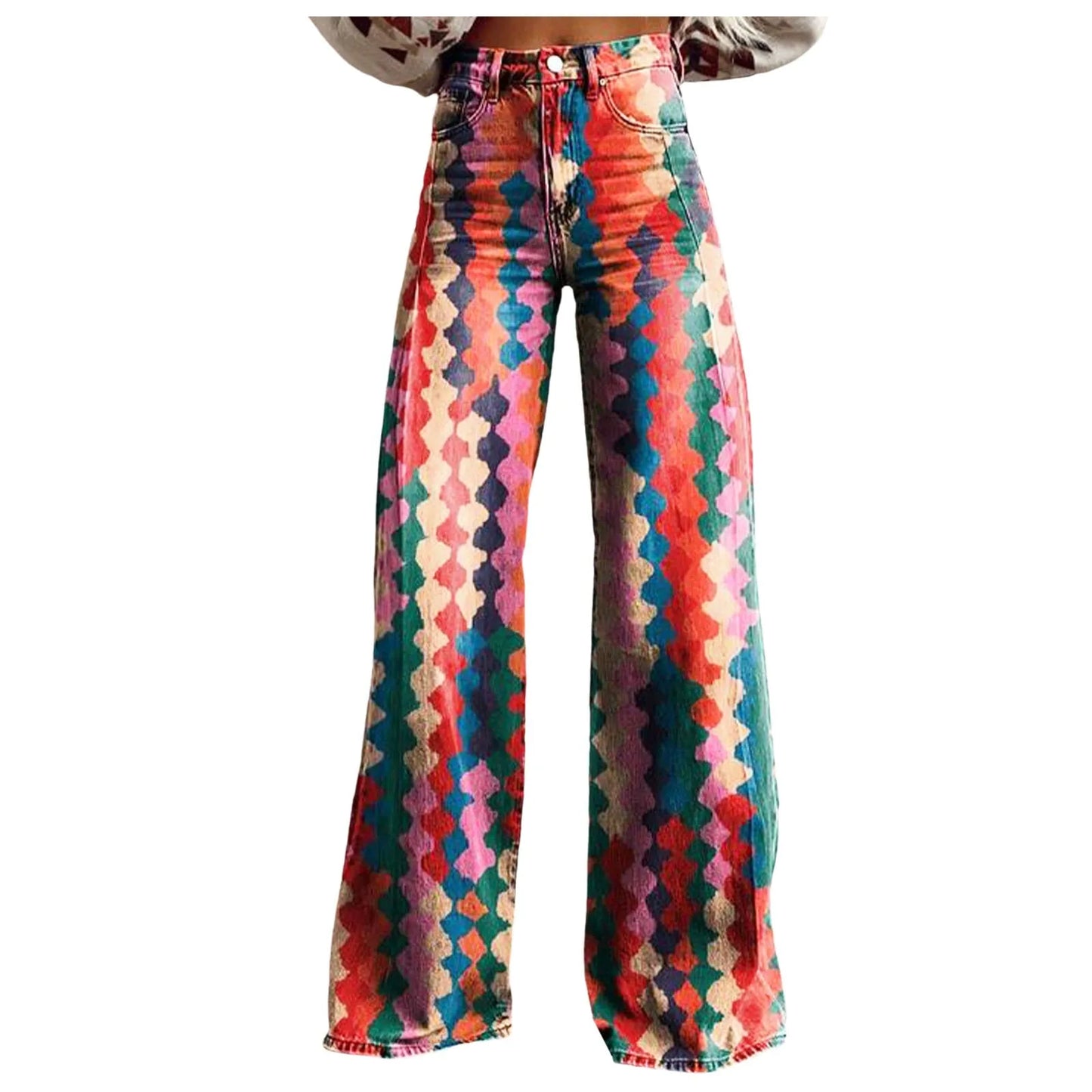 Casual Vintage Wide Leg Imitation Jeans High Waisted Women's Fashion Loose Fit Denim Pants with 90s Floral Print and Pocket Button