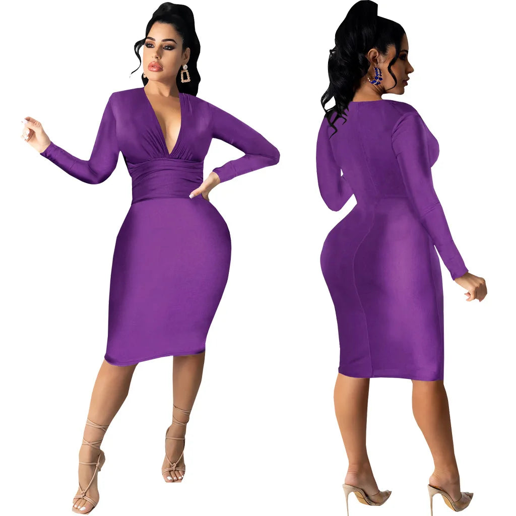CM.YAYA Women V-neck Elegant Long Sleeve Midi Dress 2024 Winter Ruched OL Streetwear Africa Party Club Dresses Vestidos