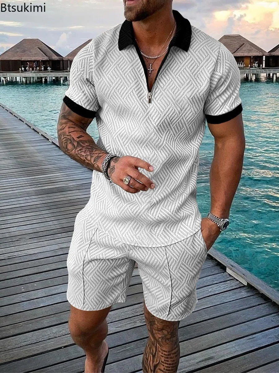 New 2024 Men's Polo Suit Fashion Men Sets Solid Summer V-neck Zipper Short Sleeve Shirt+Shorts Two Pieces Men Casual Suit