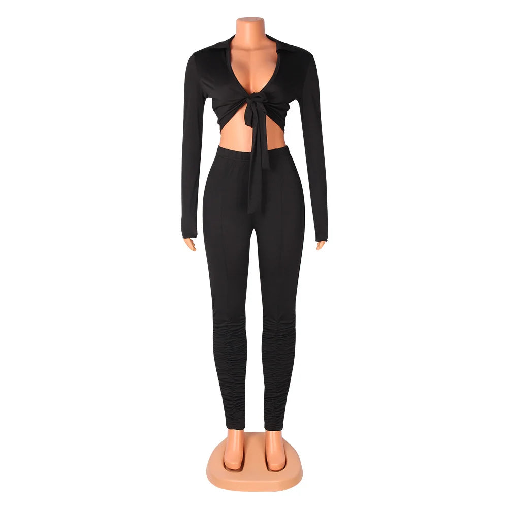 Women's Fashion Casual Slim Fit Two-Piece Set Open Shirt Butterfly Knot Long Sleeve Top with Long Pants Eye-Catching Streetwear