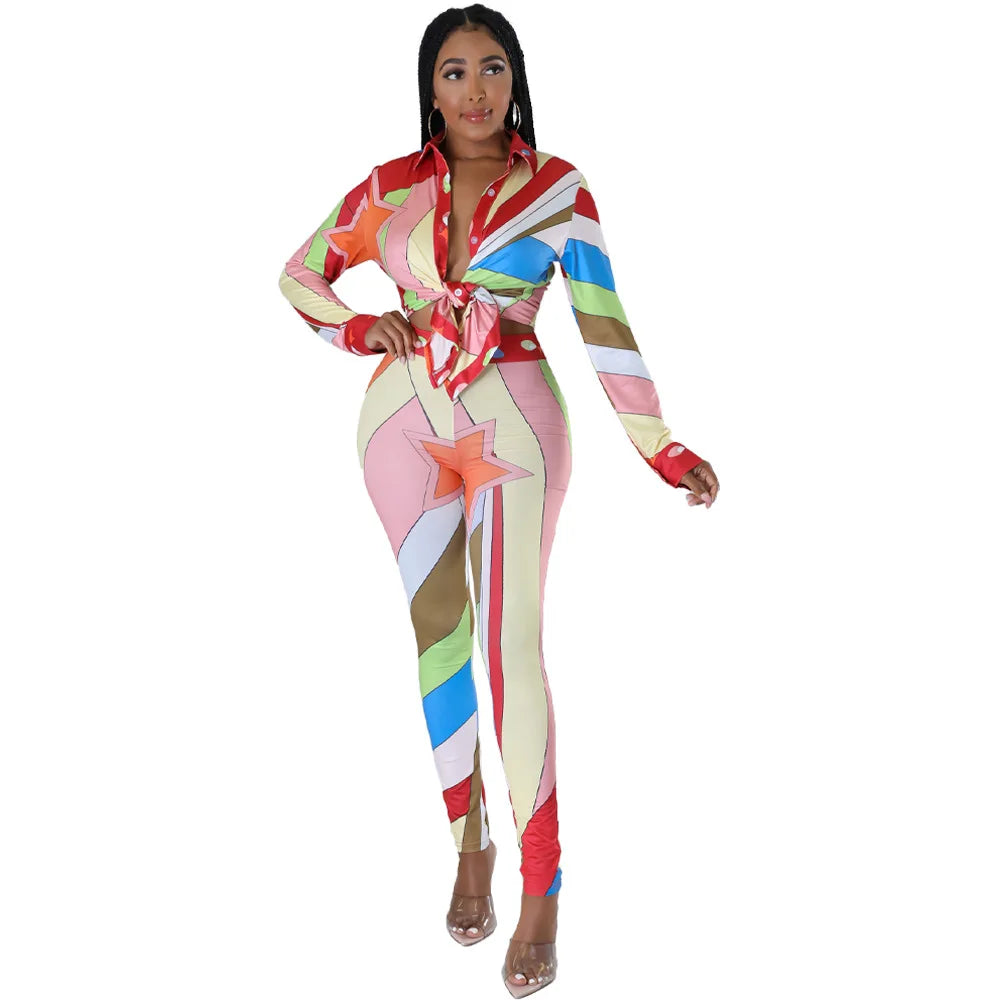 CM.YAYA Autumn Letter Leaf Print Women's Set Blouses Shirt Legging Pants Suit Active Wear Tracksuit Two Piece Set Fitness Outfit