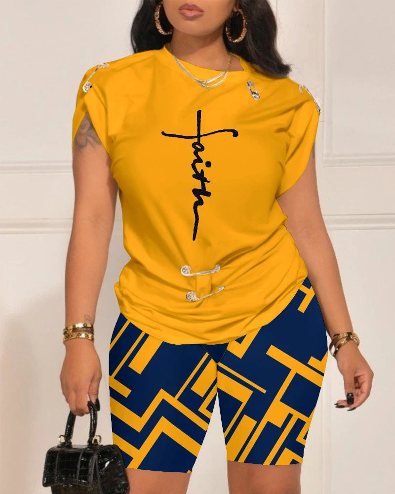 Casual Short Sleeve Tshirt Shorts Set Office Lady Spring Summer Fashion O-neck Letter Print Two Piece Set Women Outfit 2023