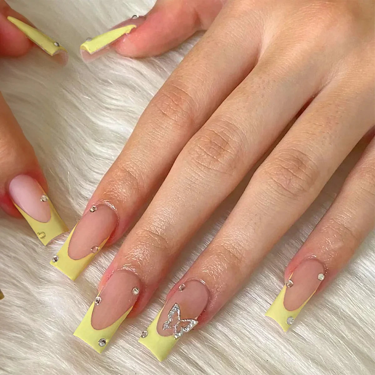 24Pcs Shimmery Long Coffin False Nails with Glue Ballerina Nail Design Sweet Fashion French Press on Acrylic Nails Manicure Tips